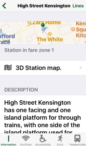 Station Master app screenshot, showing a map location and description of High Street Kensington station. There are links to a 3D station map, and to information about facilities, accessibility, exits and transport links.