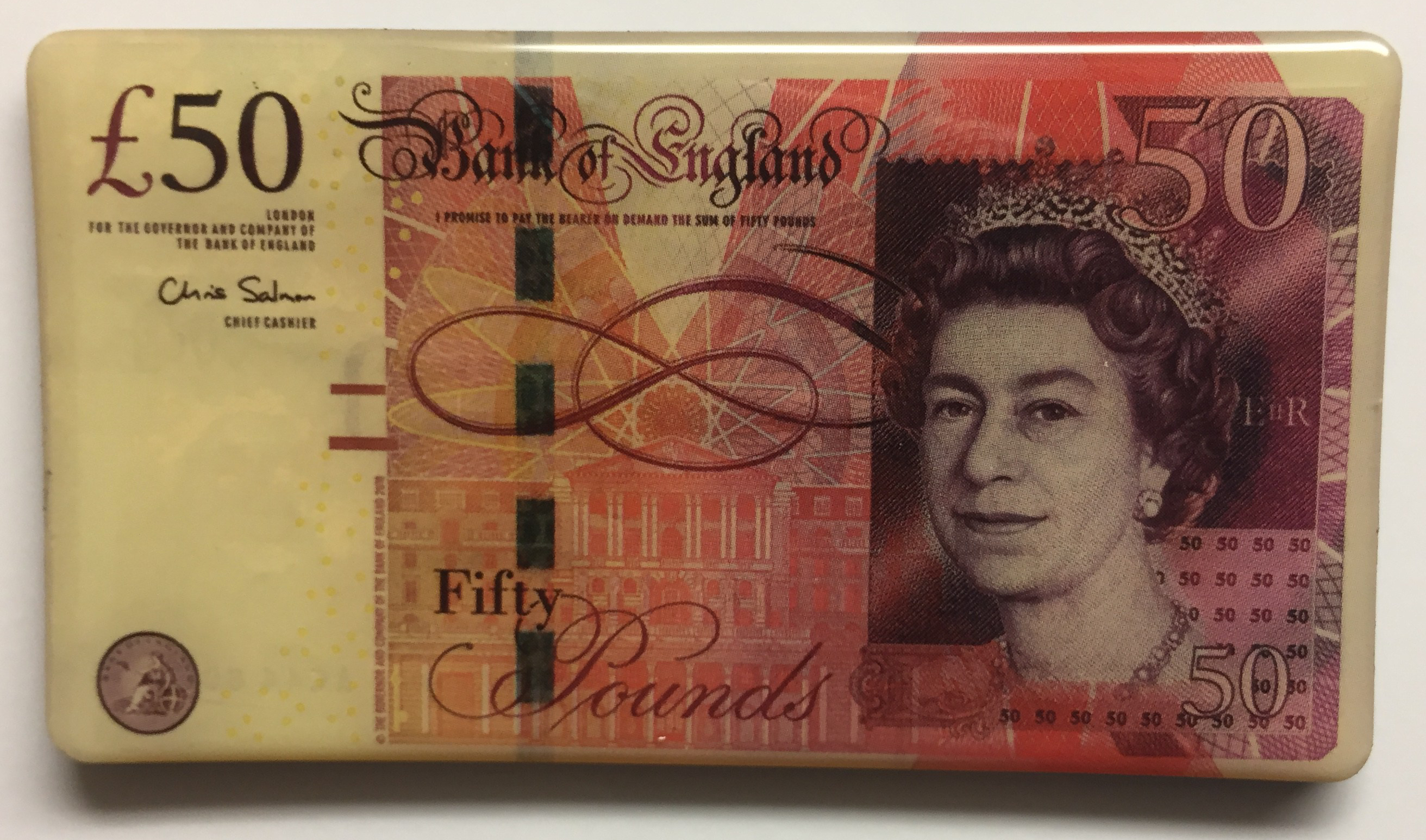 Fridge magnet that looks like a 50 pound note.