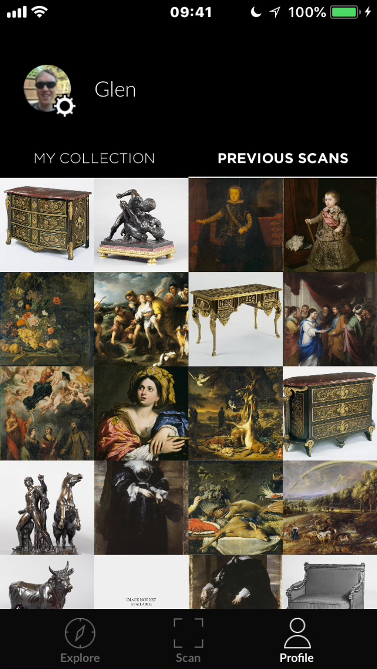 iPhone screenshot of the Smartify app, showing a grid of paintings and sculptures that I've previously scanned.