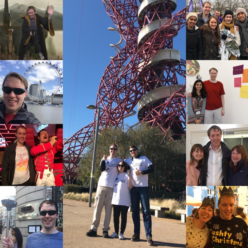 Collage of 9 photos of Glen in 2018. The tall central photo shows Glen, Claire and James smiling and giving thumbs up below the tall Orbit Tower after their abseil. A column of 4 photos on the left shows Glen flying over Hogwarts castle on a broomstick, sitting in front of the London Eye, standing by the Freddie Mercury waxwork, and smiling while holding a plunger with a small model toilet on his head. The column of 4 photos on the right show Glen posing with members of East London Vision, student artist Nihan Karim, Aniridia Network members Fern and Jenny, and South East London Vision events organiser Jessica.
