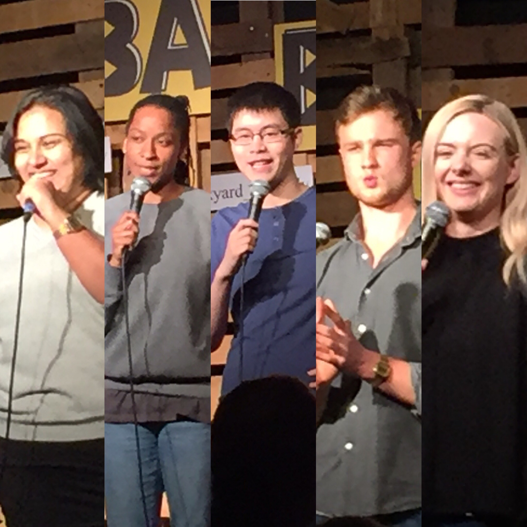 Photo collage of Sukh Ojla, Twayna Mayne, Ken Cheng, Josh Berry and Steff Todd performing at the Backyard Comedy Club