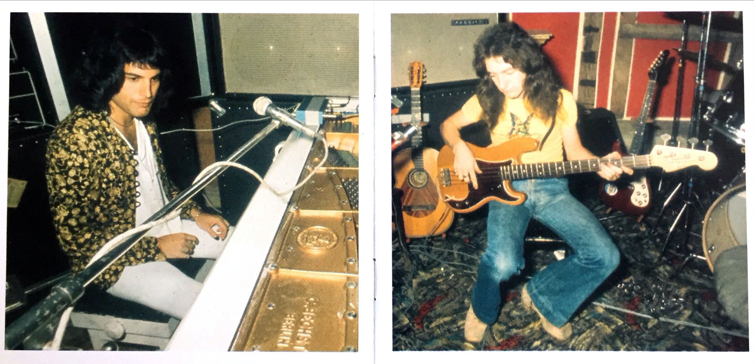 A 2-page spread from the Night At The Opera CD booklet, one photo on each page. On the left, Freddie Mercury sits in front of a microphone, wearing a leafy-patterned jacket over a white shirt and white trousers. On the right, John Deacon sits playing the bass guitar, wearing a yellow t-shirt and blue jeans