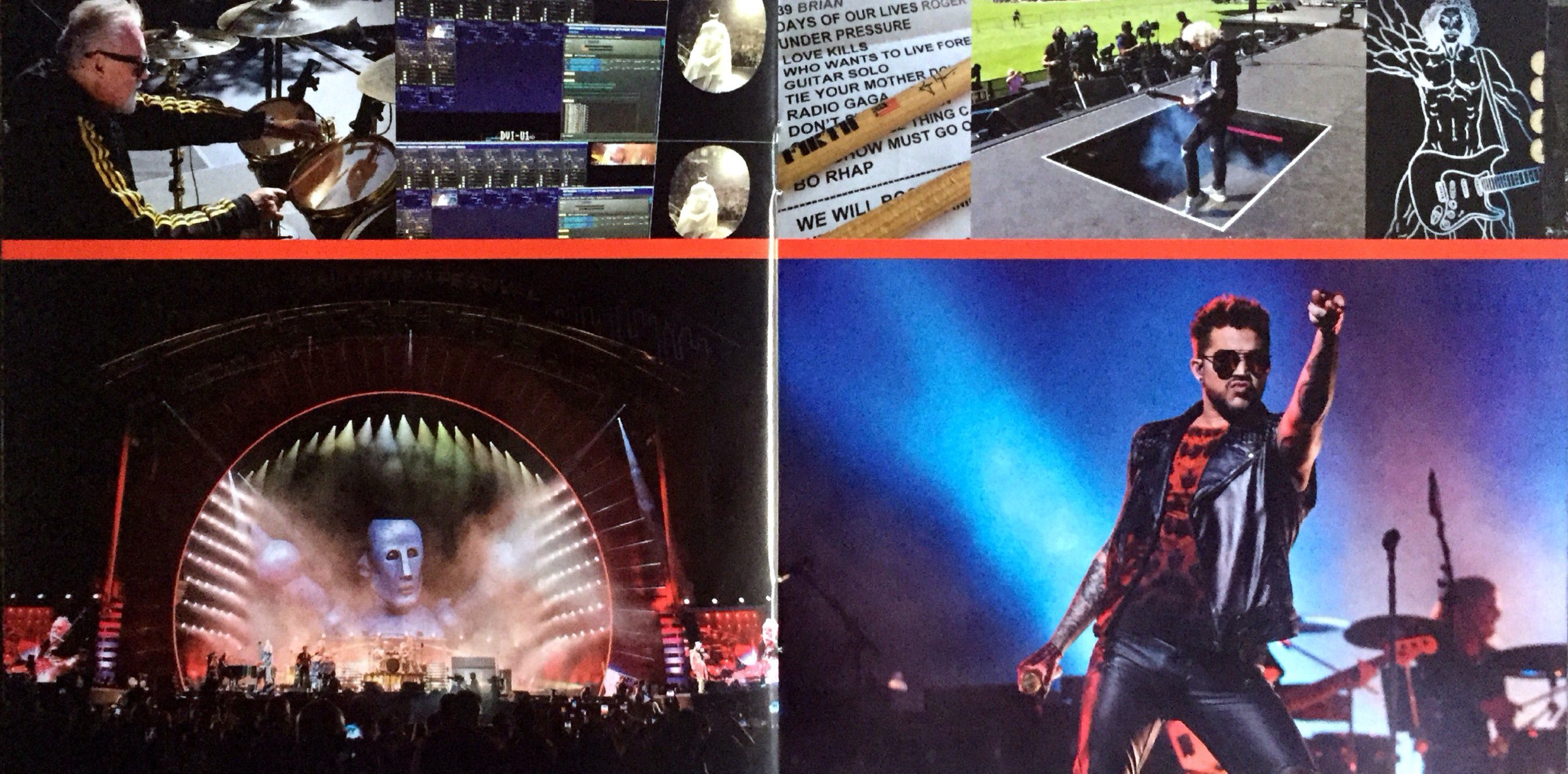 2-page spread from the Live Around The World album booklet by Queen and Adam Lambert. The left page shows a photo of the stage from a distance, with spotlights from all angles around its upper archway, and the head and shoulders of Frank The Robot filling the back screen. The right page shows a photo of Adam striking a powerful pose, punching the air high in front of him