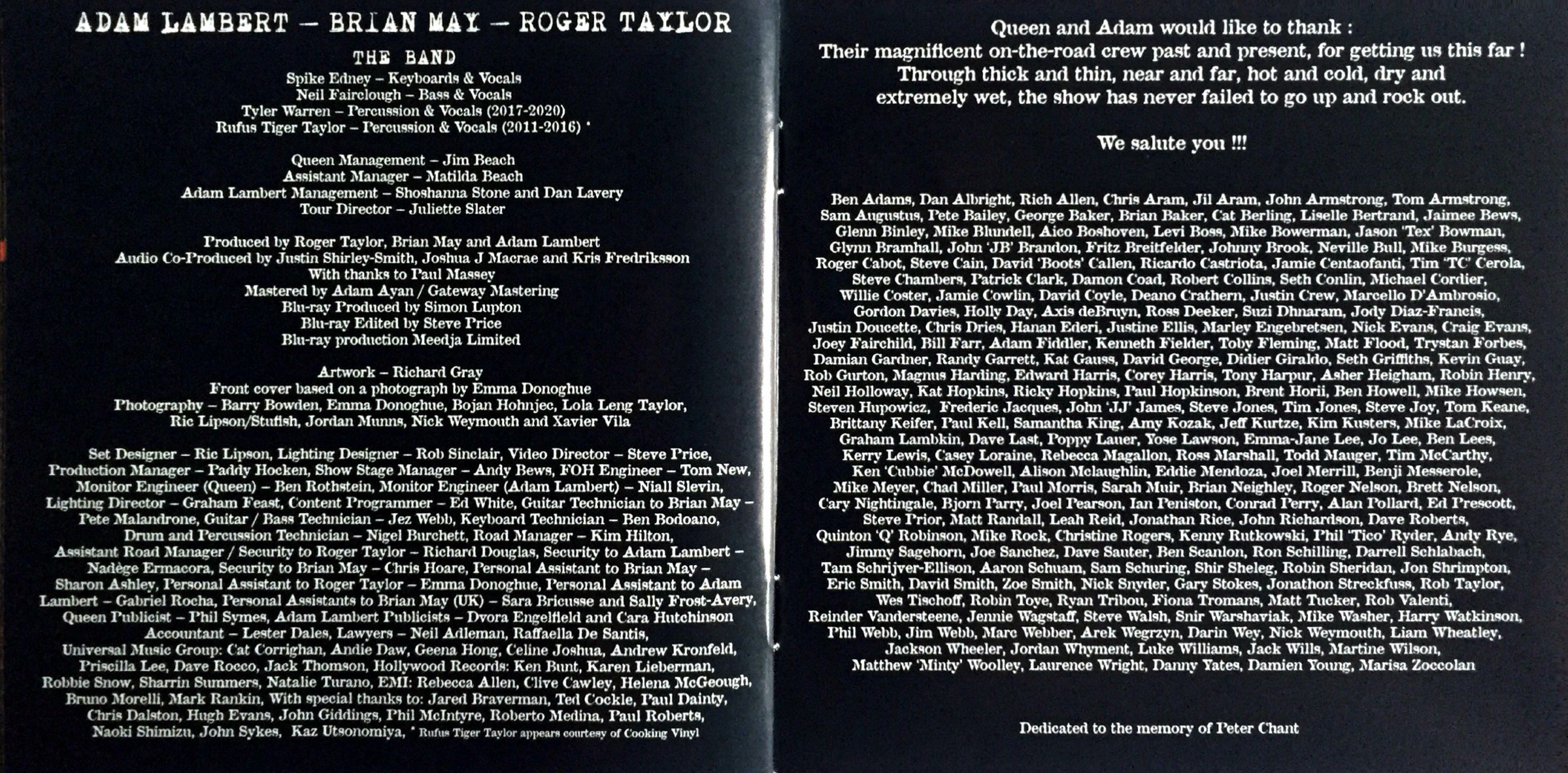 2 pages of credits in the booklet for Queen & Adam Lambert, Live Around The World.