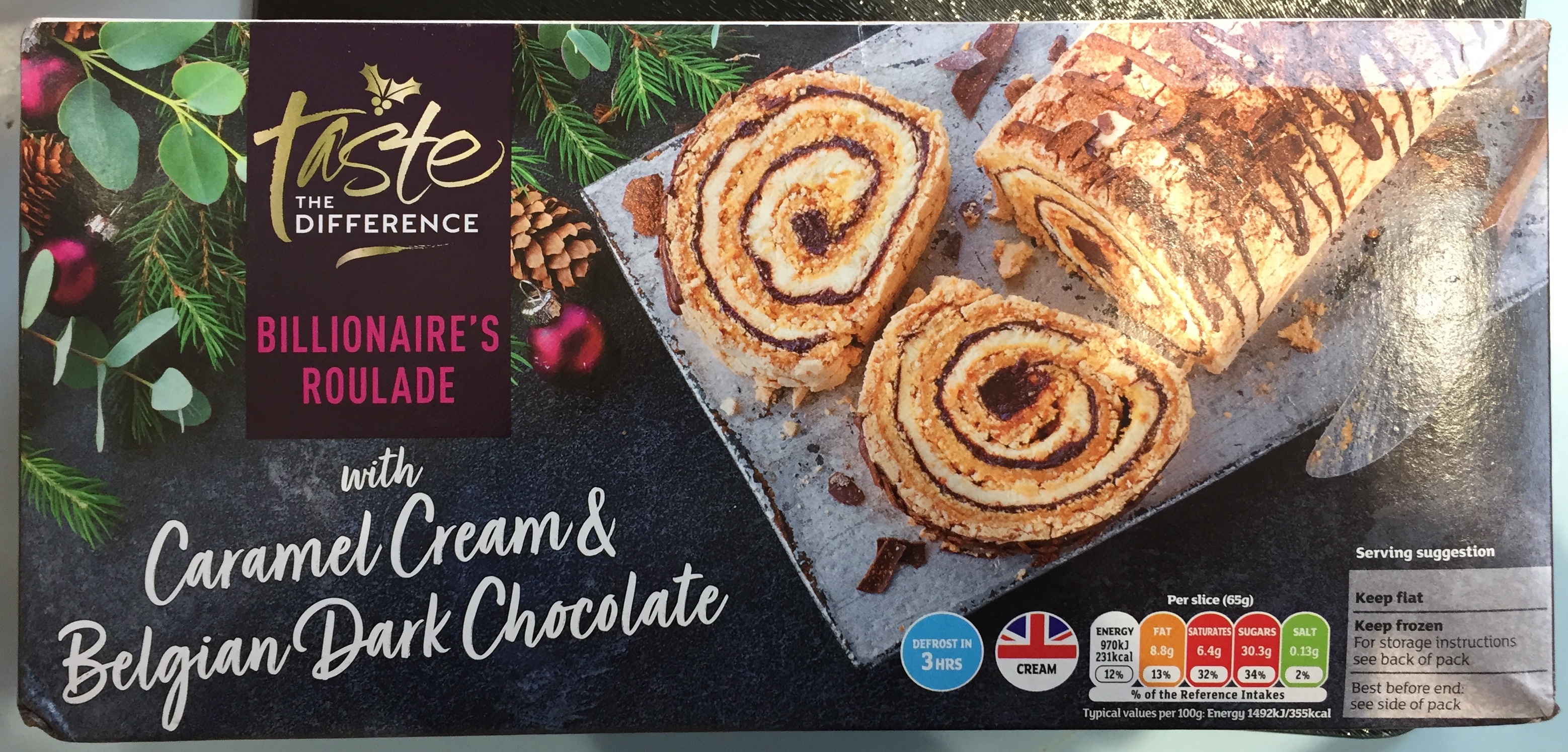 Sainsbury's Billionaire's Roulade, a meringue-based dessert that looks like a Swiss roll, with spiralling layers of caramel cream and Belgian dark chocolate.