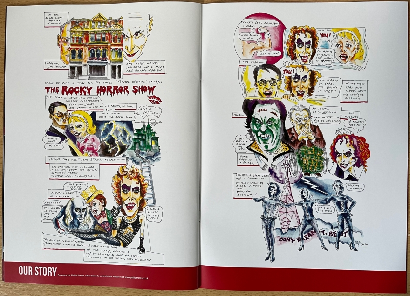 Double-page spread from the Rocky Horror tour brochure, with a series of colourful hand-drawn images and text summarising the story of Rocky Horror.