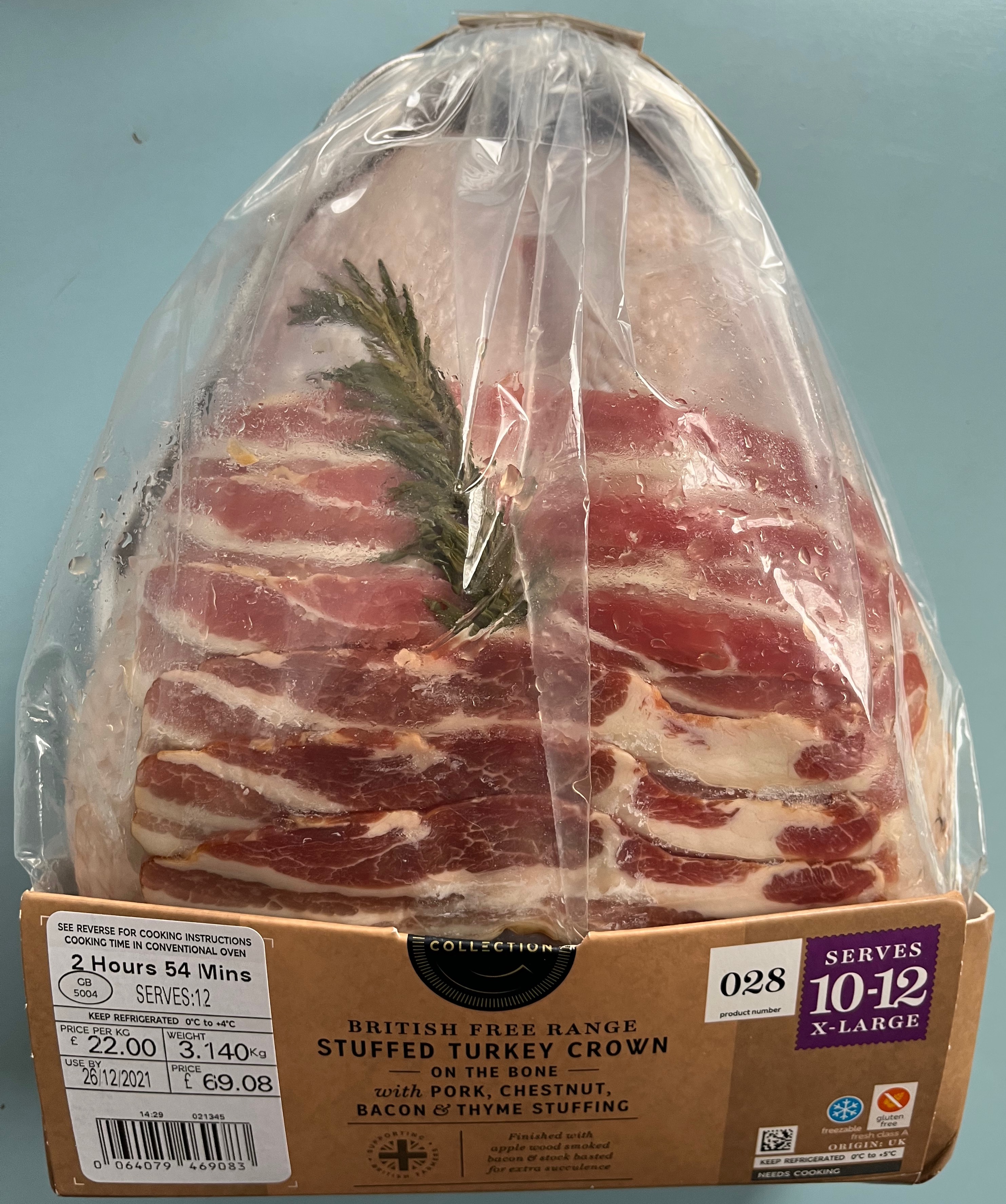 Marks and Spencer British free range stuffed turkey crown on the bone, with pork, chestnut, bacon and thyme stuffing, weighing 3.14 kilograms.