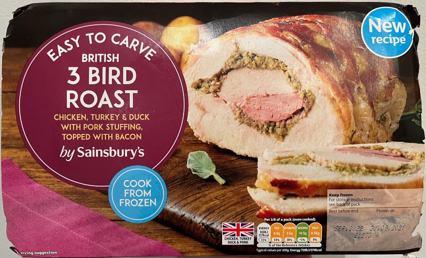 Sainsbury's Easy To Carve British 3 Bird Roast, consisting of chicken, turkey and duck, with pork stuffing, and topped with bacon.