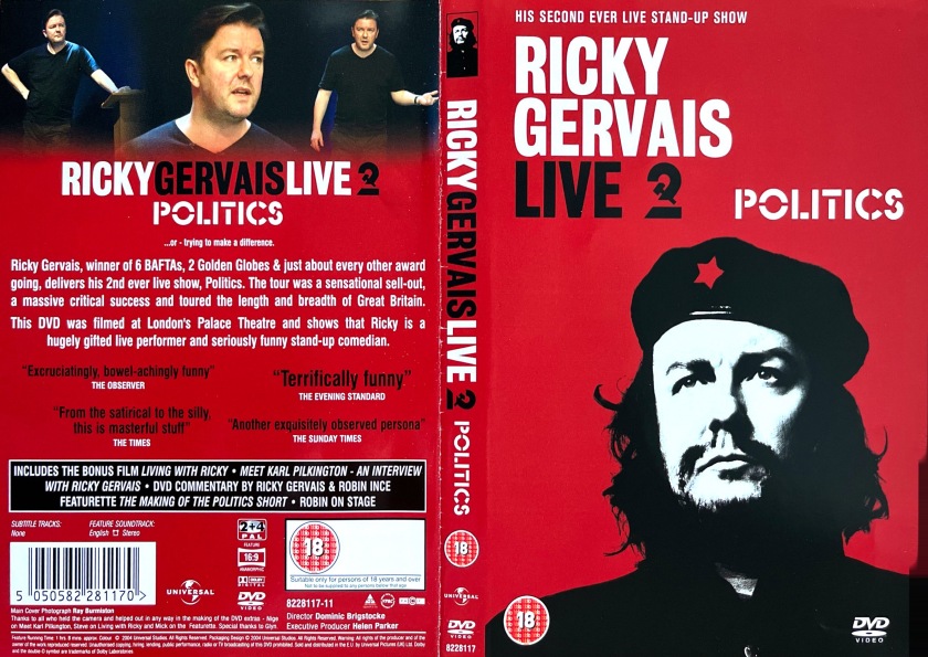 DVD cover for the Ricky Gervais stand-up DVD Politics, featuring an image of Che Guevara, a man with a moustache and short beard, wearing a black hat with a red star on it.
