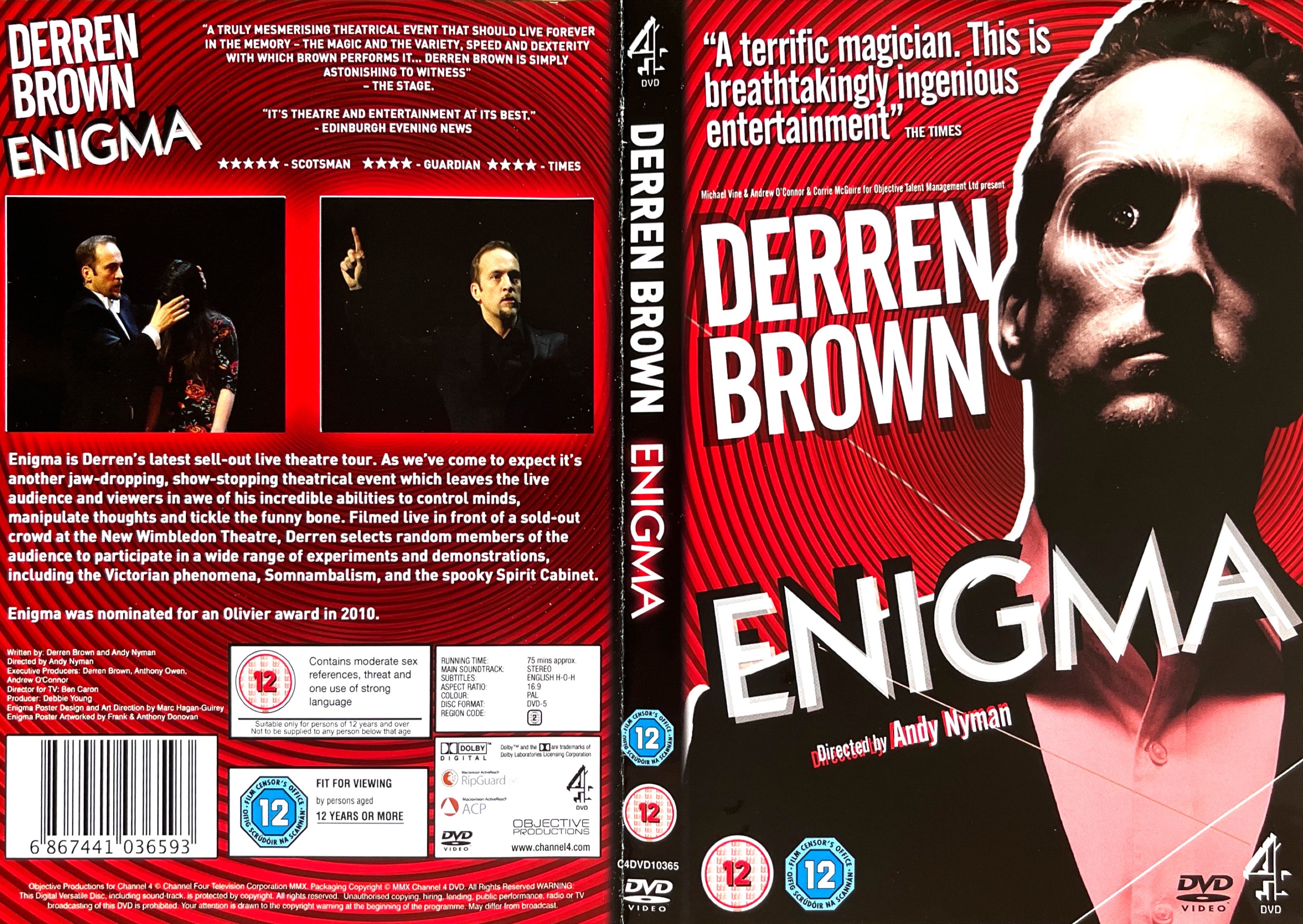 DVD cover spread for Derren Brown - Enigma. The front cover shows Derren against a background of red spiralling circles, while the back cover has images of Derren in action during the show amongst the details of the DVD.