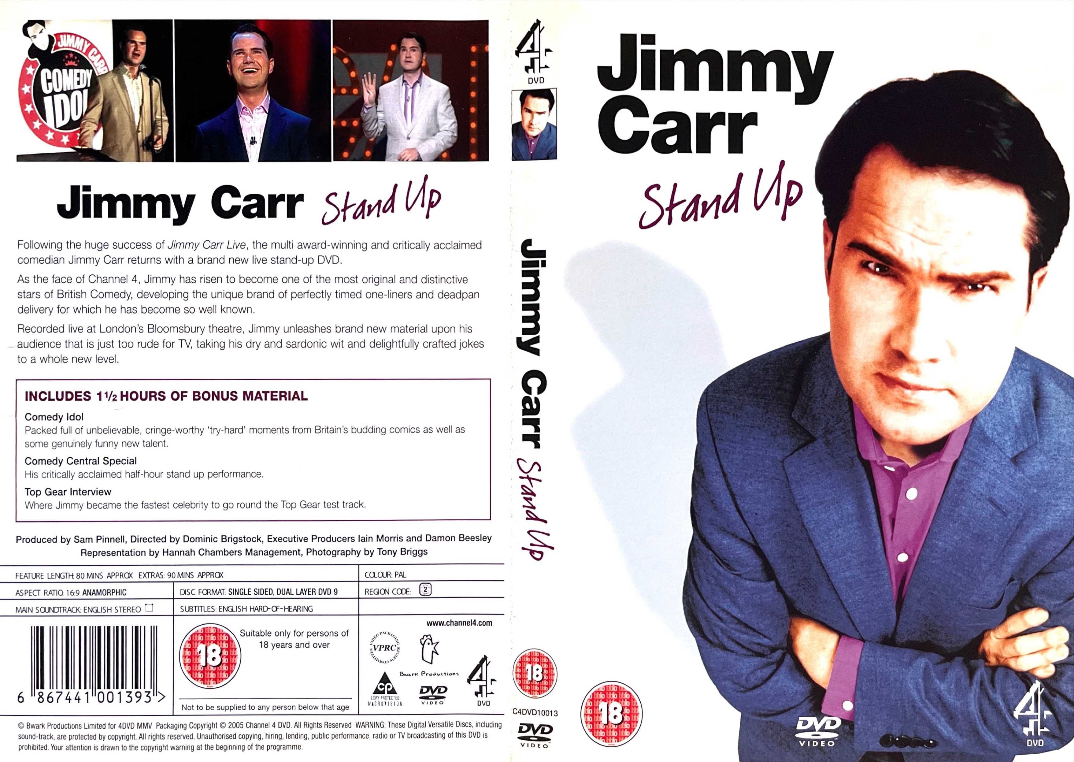DVD cover spread for Jimmy Carr Live, which has a white background. On the front cover, Jimmy stands with his arms crossed, while on the back there are images from the show above a description of the DVD.