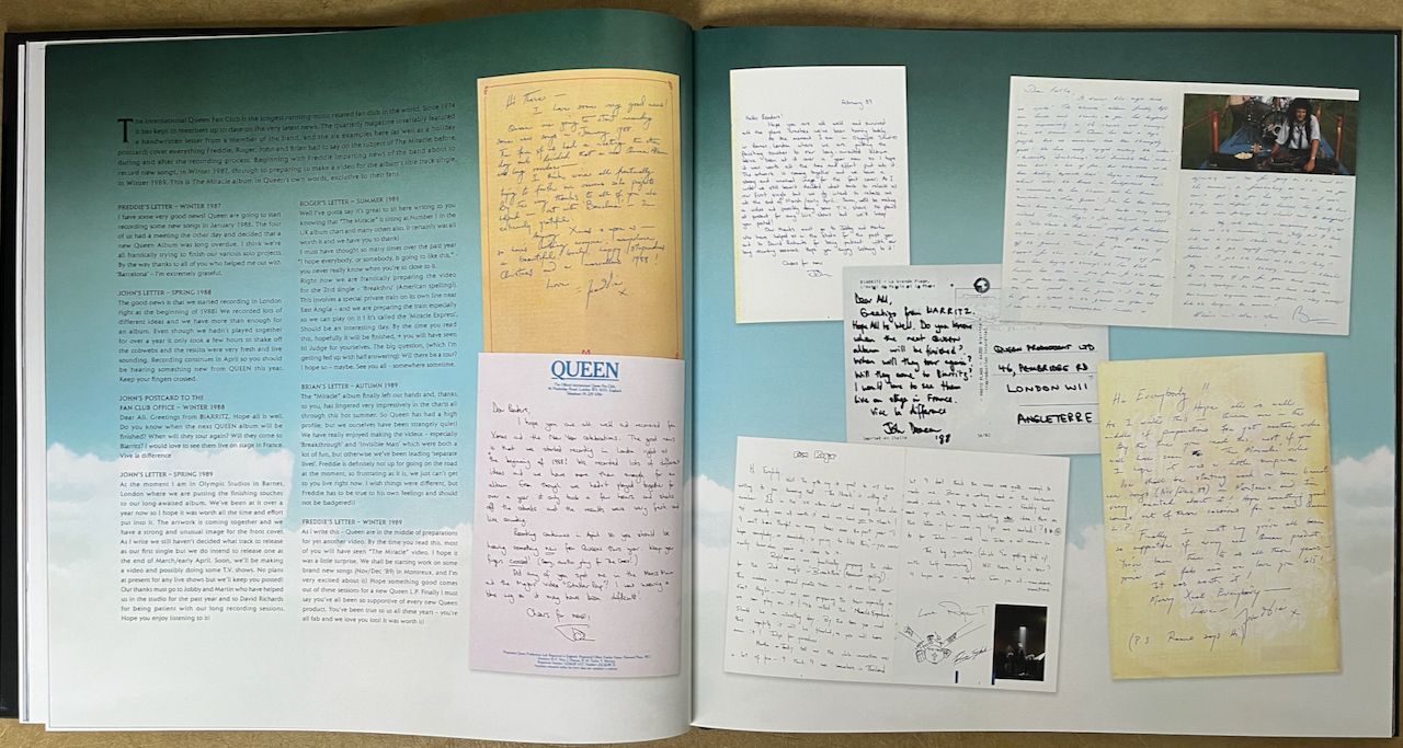 Double-page spread from the book in Queen's box set of The Miracle, showing hand-written letters they wrote to the fan club magazine, alongside typewritten transcriptions.