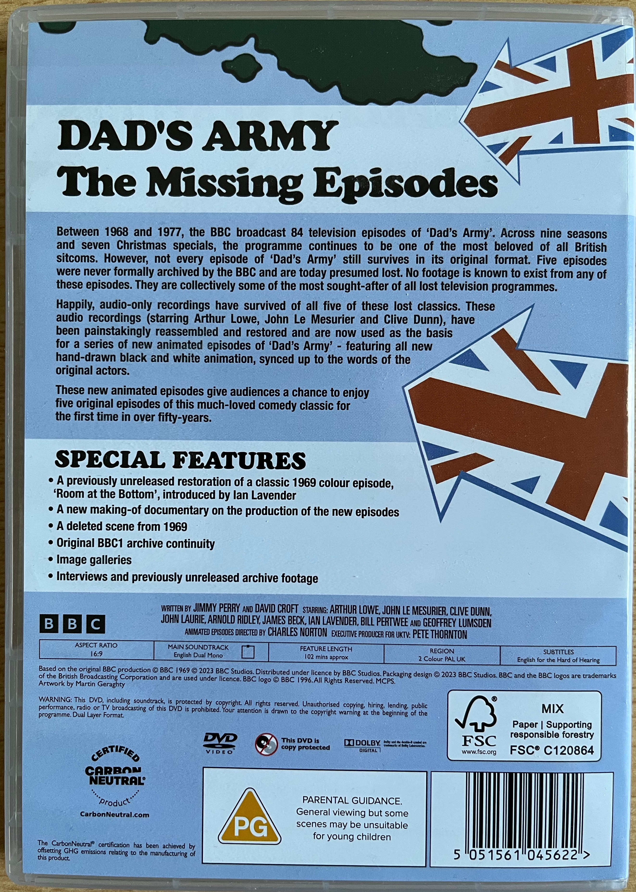 Back cover of the DVD for Dad's Army - The Missing Episodes, giving a brief description of the contents and extra features.