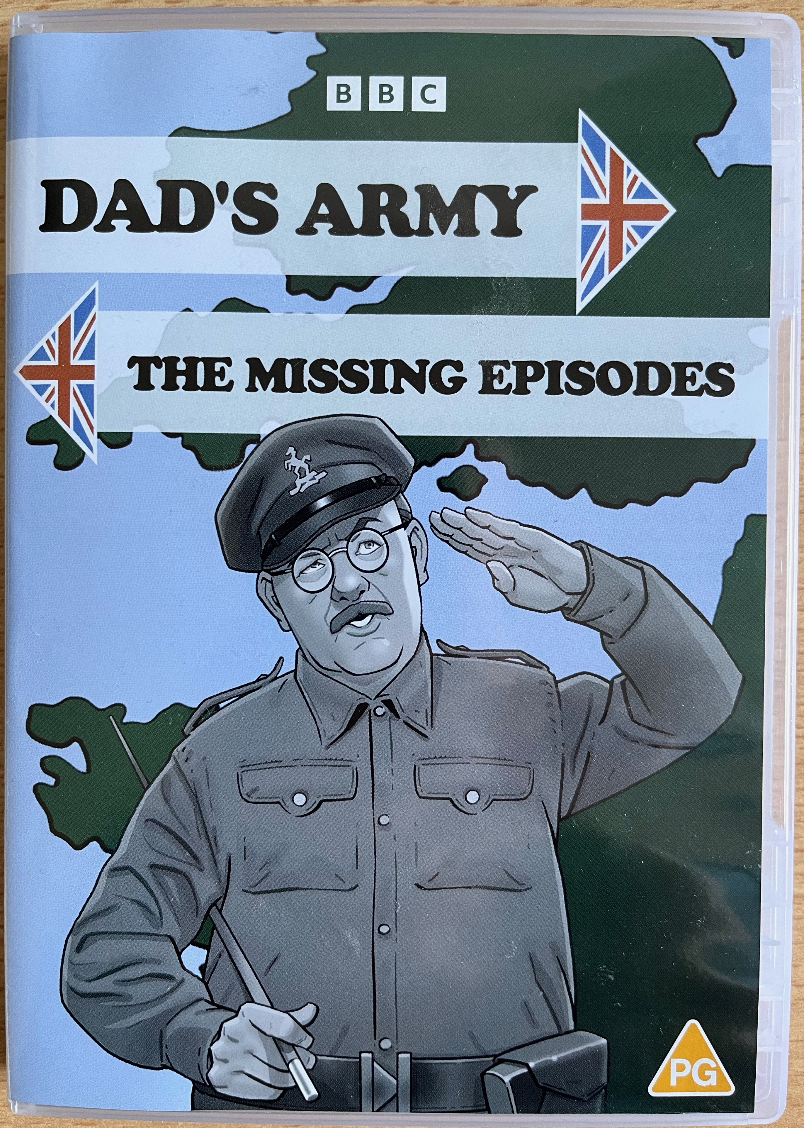 Front cover of the DVD for Dad's Army - The Missing Episodes, with a black and white animated version of Captain Mainwaring giving a salute.