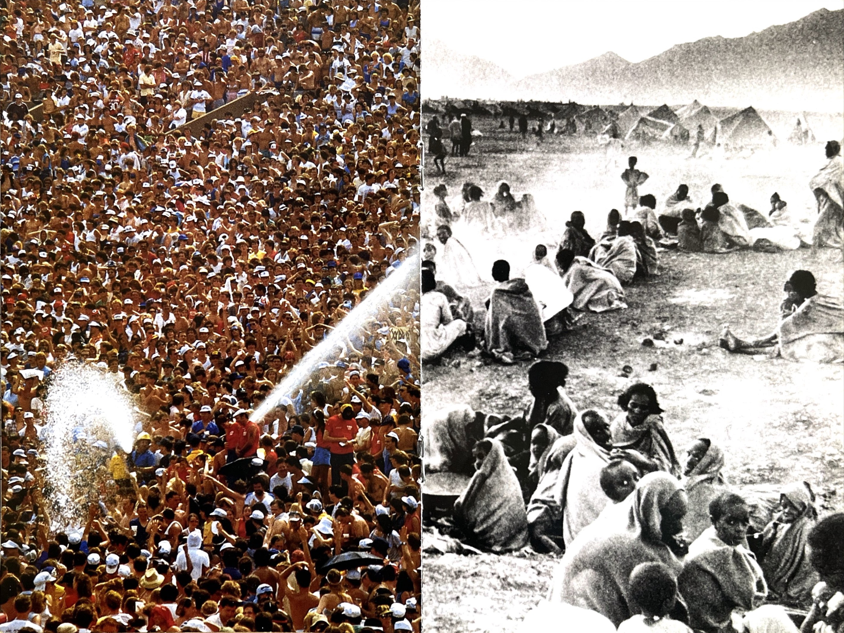 Double-page spread from the Live Aid DVD booklet. On the left, a colour photograph shows a couple of large water jets being sprayed across the huge crowd in Philadelphia to keep them cool in the heat. On the right, a black and white photo shows frail African children and adults wrapped in blankets outdoors, stretching far into the distance.